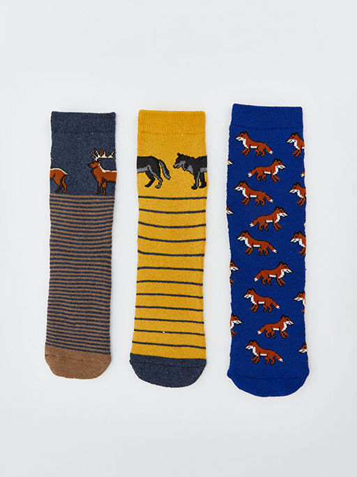 Bask?l? Erkek ?ocuk Havlu Soket ?orap 3l?