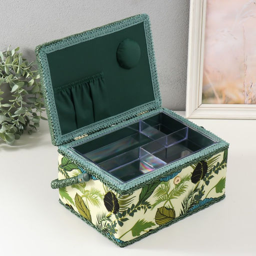 Шкатулка для рукоделия и шитья «Тропические листья на зелёном», хранение ниток, иголок, мелочи, 19×26×14.5 см