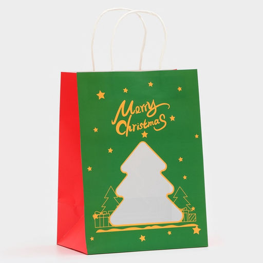 Цена за 2 шт. Пакет подарочный бумажный с окном «Ёлка» 19×26×13 см, крафт зеленый