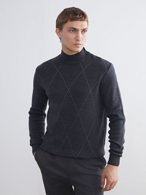 Yar?m Bal?k?? Yaka Uzun Kollu Desenli Erkek Triko Kazak