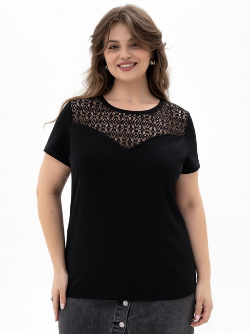 Футболка с КРУЖЕВОМ хлопок 95%, лайкра 5%,черная - Binita фото 7