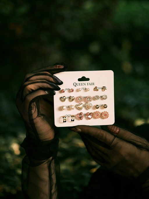 Цена за 2 шт. Серьги пусеты 12 пар «Фантазия» сердца, бело-розовый в золоте