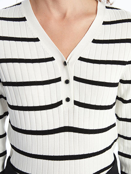 V Yaka ?izgili Uzun Kollu Kad?n Triko Kazak