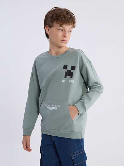 Bisiklet Yaka Minecraft Bask?l? Erkek ?ocuk Sweatshirt