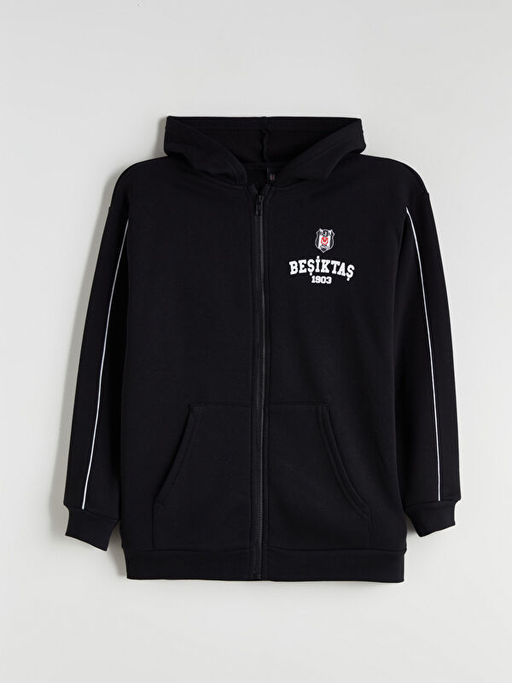 Kap??onlu Be?ikta? Bask?l? Erkek ?ocuk Fermuarl? Sweatshirt