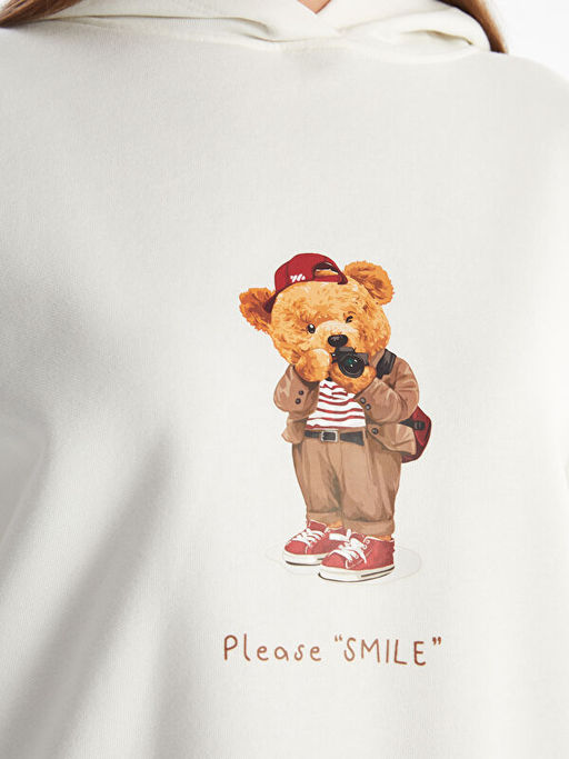 Kap??onlu Ay? Teddy Bask?l? Oversize Kad?n Kal?n Sweatshirt Tunik