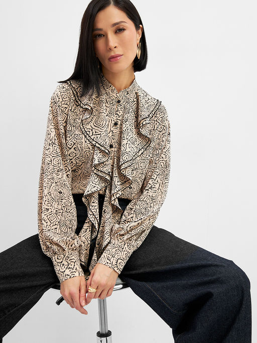 Блузка с отлетными рюшами OD-914-5 бежевый с черным