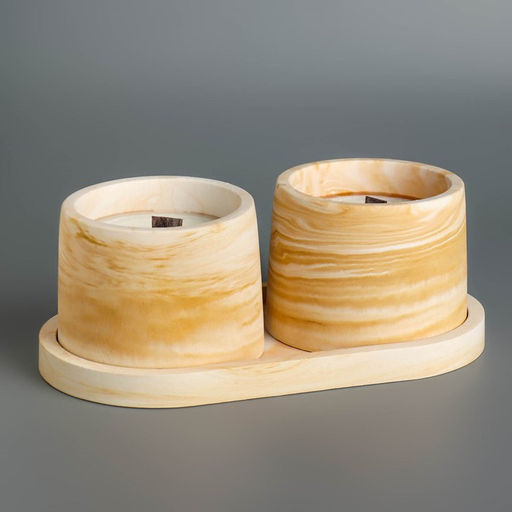 Набор свечей в подсвечнике на подставке «Лофт», соевый воск, деревянный фитиль, бело-горчичная