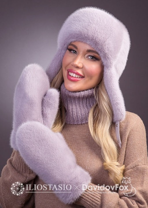 Комплект экомех ушанка цельная чертополох, манишка, варежки