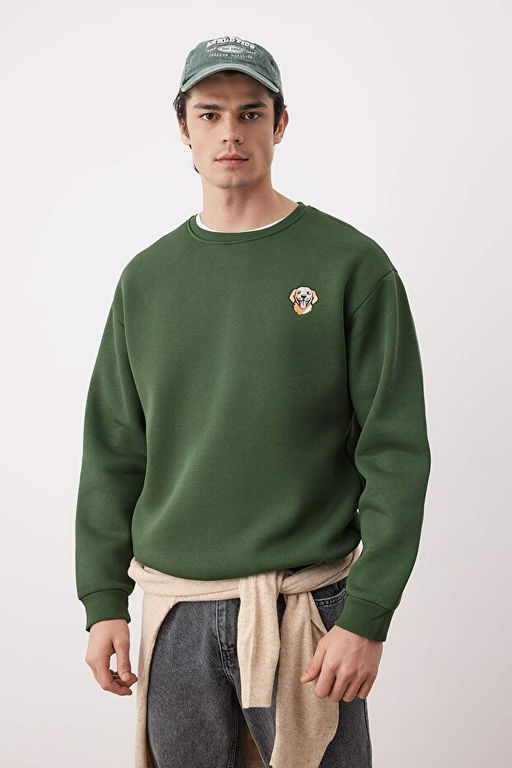 Haki Bisiklet Yaka Oversize/Geni_ Kesim __i Polarl_ K_pek Nak__ Sweatshirt TMNAW24SW00064 - Trendyolmilla фото 2