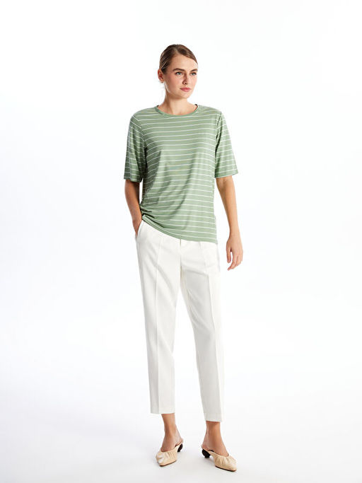 Bisiklet Yaka ?izgili K?sa Kollu Kad?n Ti??rt