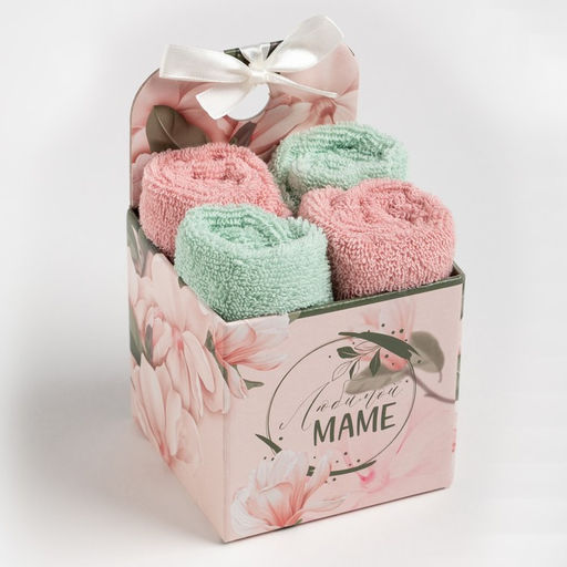 Салфетки махровые «Этель. Маме», 30×30 см, 4 шт., 100% хлопок, 340 г/м², зелёные/розовые