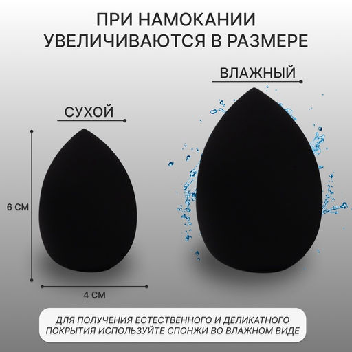Спонжи для макияжа, набор - 2 шт., 6×4 см, увеличиваются при намокании, чёрные