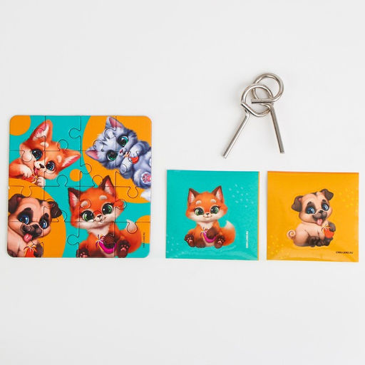 Металлическая головоломка с пазлами и наклейками «Милые зверята», МИКС