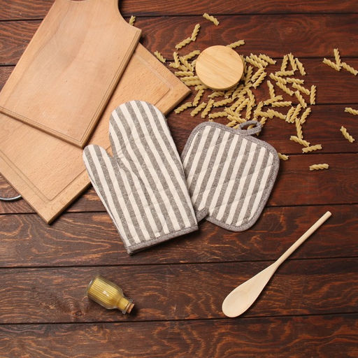 Набор кухонный «Доляна. Полоса»: коричневый, варежка-прихватка 25×17 см, прихватка 17×17 см, 50% п/э, 50% хлопок