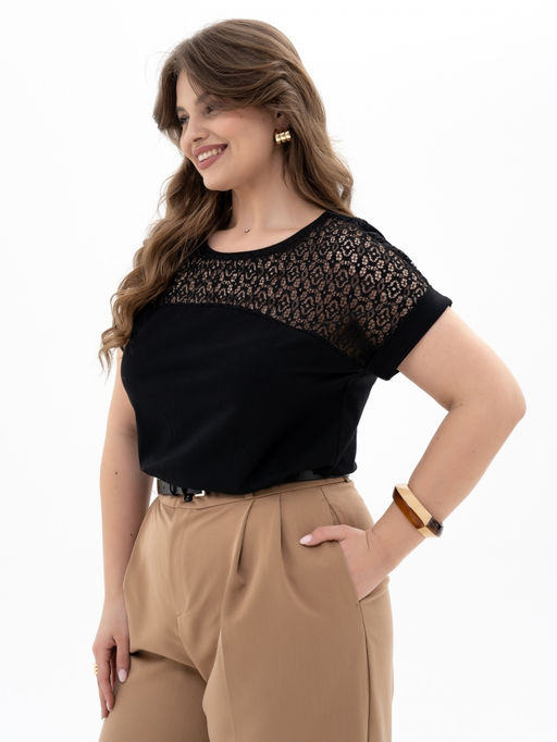 Футболкас КРУЖЕВОМ хлопок 95%, лайкра 5%,черная - Binita фото 10