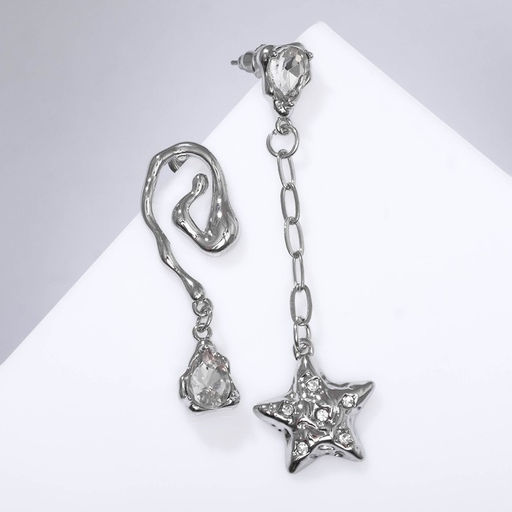 Серьги висячие со стразами Звёздочка со спиралью, цвет белый в серебре, 6,5см - Queen fair фото 2