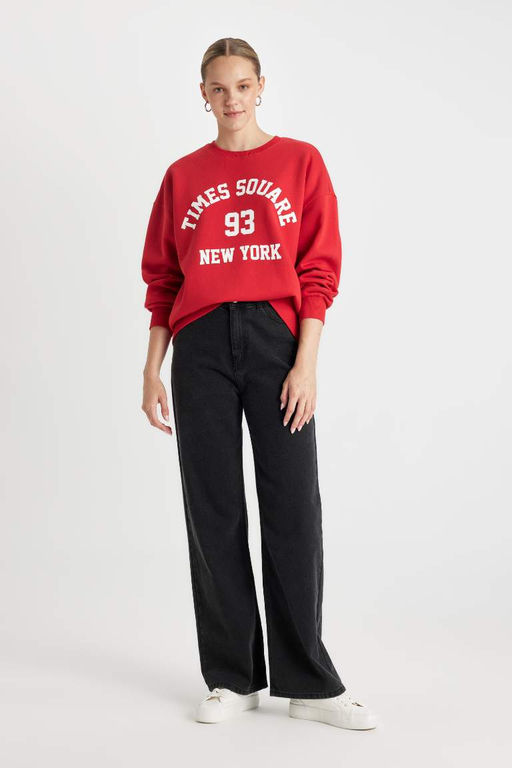 Толстовка из плотной ткани свободного кроя с круглым вырезом и принтом - Defacto фото 2