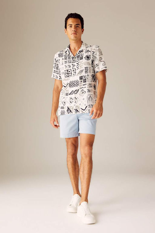 Хлопковая рубашка с коротким рукавом и принтом с вязаным крючком воротником обычного кроя - Defacto фото 3