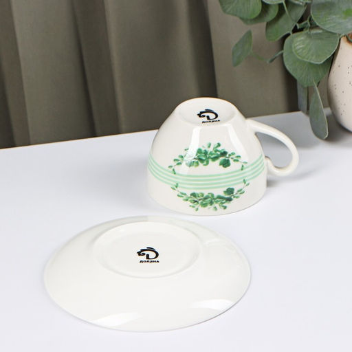 Чайная пара Доляна «Эвкалипт», 2 предмета: чашка 280 мл, блюдце d=15 см, фарфор, белая