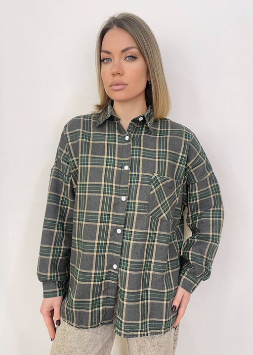 K12537 Рубашка фланель OVER SIZE ЗЕЛЕНЫЙ