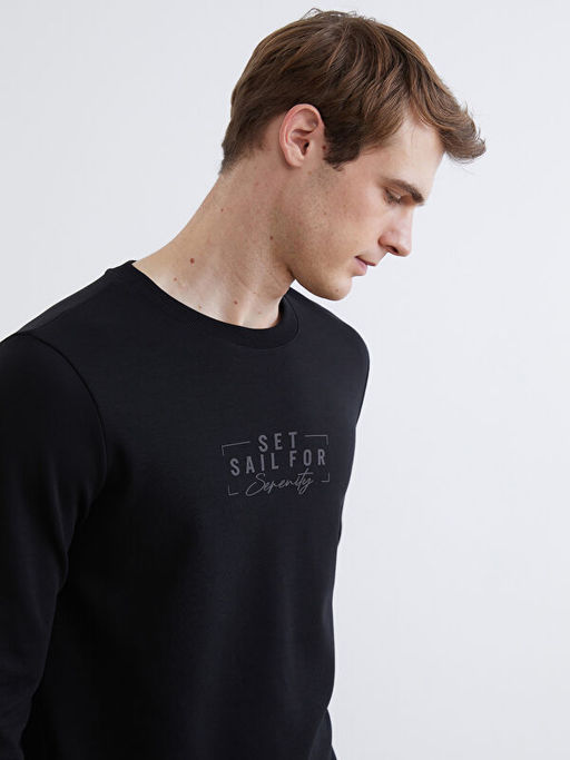 Bisiklet Yaka Bask?l? Erkek Sweatshirt