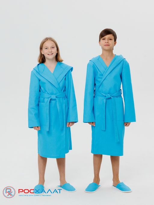 Подростковый вафельный халат с капюшоном бирюзовый В-18 (14) - Росхалат фото 4