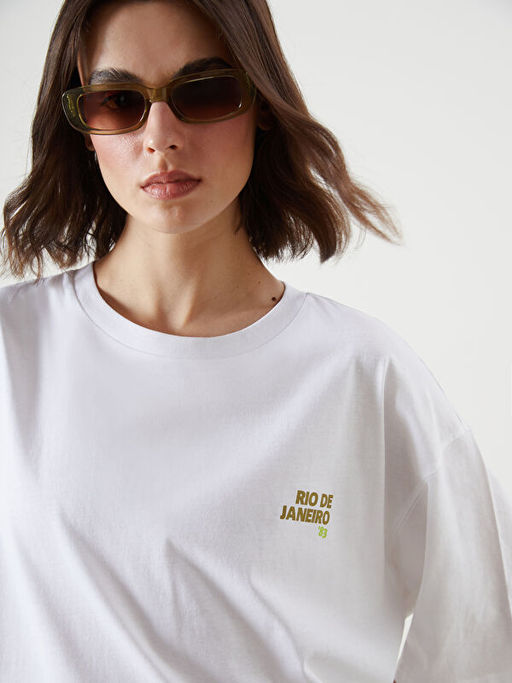 Bisiklet Yaka Bask?l? Oversize Kad?n Ti??rt