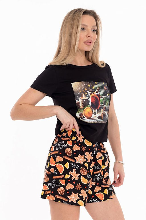 Пижама футболка и шорты М325441Пчо черный/оранжевый