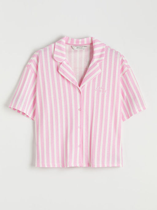 G?mlek Yaka ?izgili Kad?n ?ortlu Pijama Tak?m?