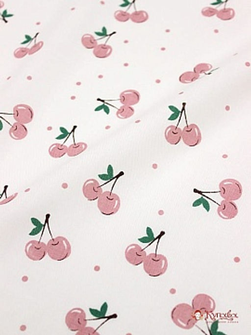 Плательный хлопок Вишенки с горошком на белом цв.пыльно-розовый, ш.1.45м, хлопок-100%, 115гр/м.кв