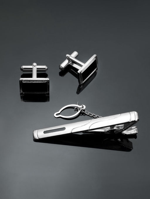 Набор мужской медный Запонки + Зажим для галстука прямоугольник с эмалью, чёрно-серебристый