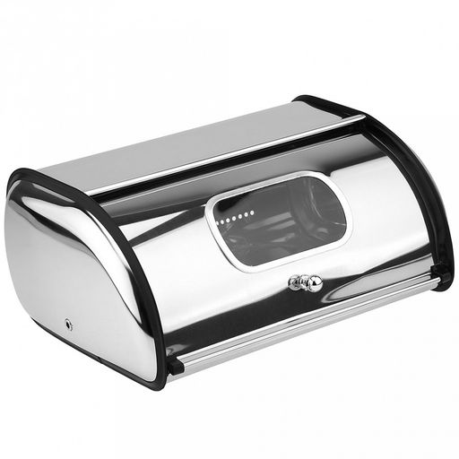 Хлебница из нержавеющей стали 34х23см h14,5см, s0,28мм, крышка с ручкой, с окном, рифленое дно, зеркальное покрытие, в индивидуальной коробке (Китай)