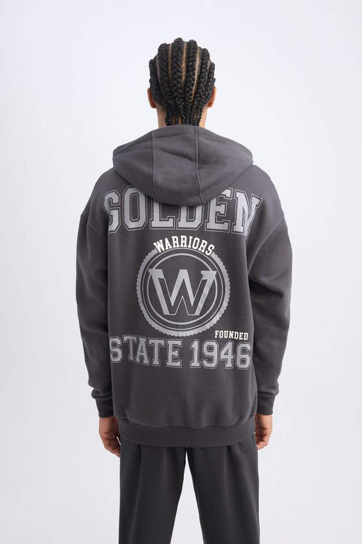 Мужской антрацитовый толстый свитшот DeFactoFit NBA Golden State Warriors свободного покроя с капюшоном и принтом  фото 7