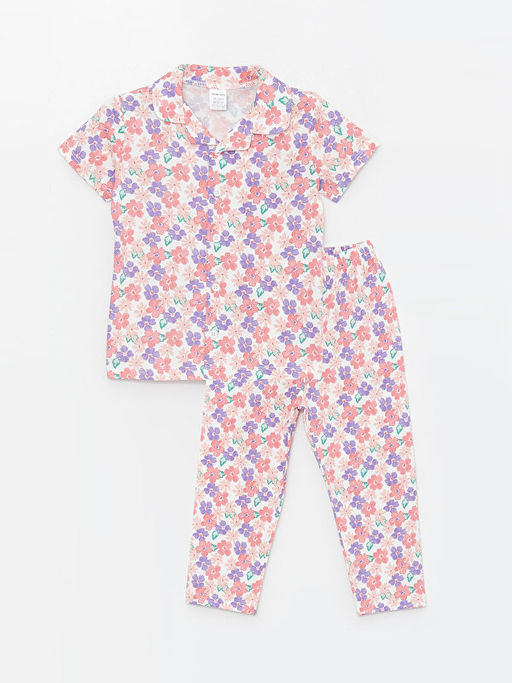 Polo Yaka K?sa Kollu ?i?ekli K?z Bebek Pijama Tak?m