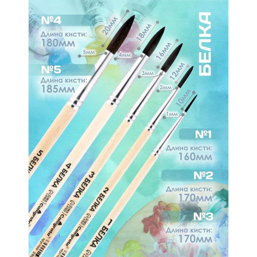 Набор кистей для рисования, белка, 5 штук: №: 1, 2, 3, 4, 5, Calligrata, круглые, деревянная ручка, в пакете