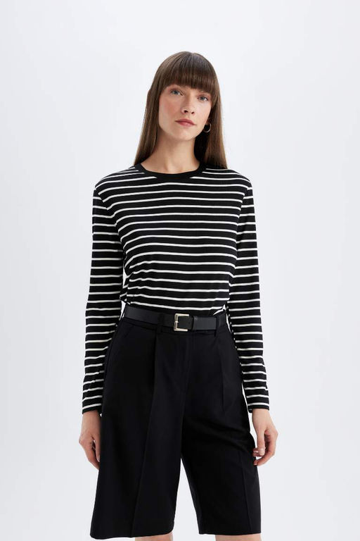 Женская повседневная полосатая футболка обычного кроя с круглым вырезом и длинными рукавами - Defacto фото 3