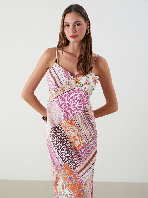 V Yaka Desenli Ask?l? Modal Kar???ml? Elbise