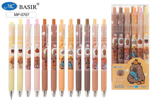 Цена за 3 шт. Ручка гелевая автомат. Basir "Капибара" (MP-0707) синяя, 0.5мм, цветной корпус с рисунком