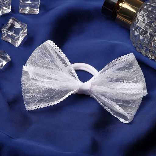 Цена за 6 шт. Бант для волос на резинке «Бантик», кружевной край полоски, 9 см, белый