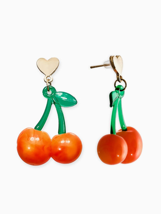 Серьги «Вишня и сердечки», красно-жёлтые в золоте