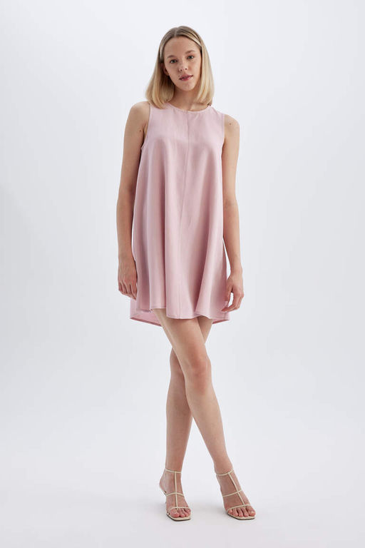 Льняное мини-платье А-силуэта с круглым вырезом и без рукавов - Defacto фото 3