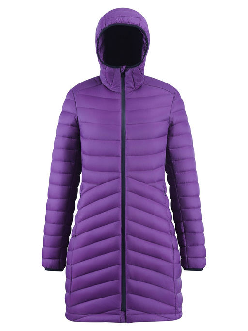 Куртка женская удлинённая стёганая с капюшоном и графеновой подкладкой фиолетового цвета 9628_1F