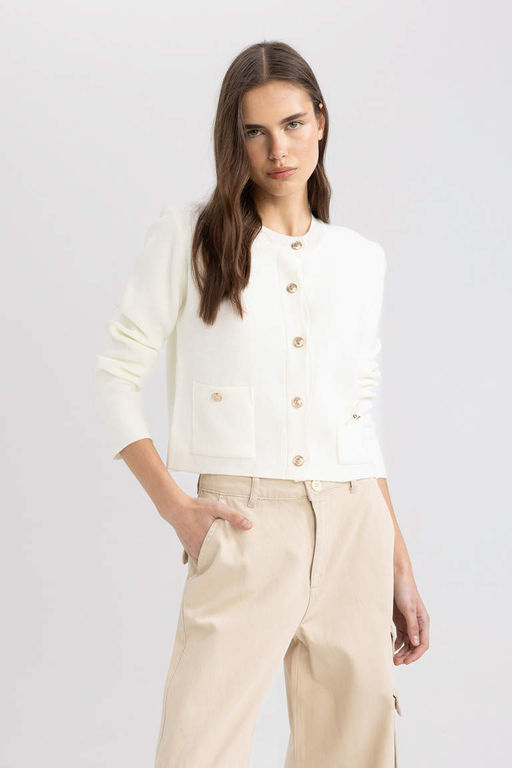 Приталенный кардиган с круглым вырезом - Defacto фото 3