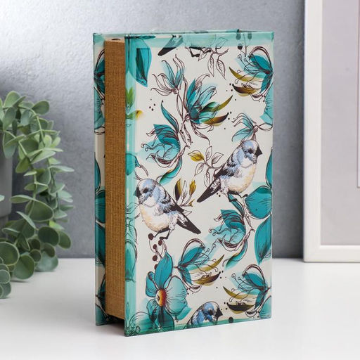 Шкатулка книга - сейф Голубые птички и зелёные цветы, дерево, искусственная кожа, 21?13?5 см