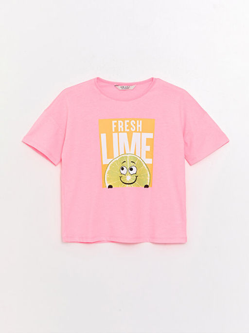 Bisiklet Yaka Bask?l? K?sa Kollu K?z ?ocuk Ti??rt