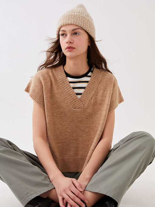 Kad?n V Yaka D?z Triko S?veter