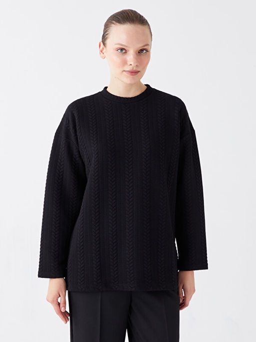 Bisiklet Yaka Kendinden Desenli Uzun Kollu Kad?n Tunik