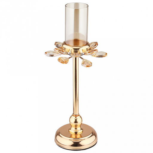 Подсвечник металлический "Аурелия" h32,8см, чаша с колбой стекло д5см, h9см, нескользящее основание д10см, золотой/янтарный, в коробке (Китай)