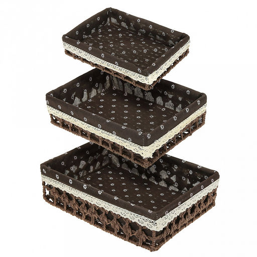 Корзина-сухарница плетеная Миледи набор 3 штуки: 38х28см h10см; 35х25см h8см; 32х22см h6см, металлический каркас, чехол хлопок, форма прямоугольная, цвет - кофейный, ручная работа (Китай)